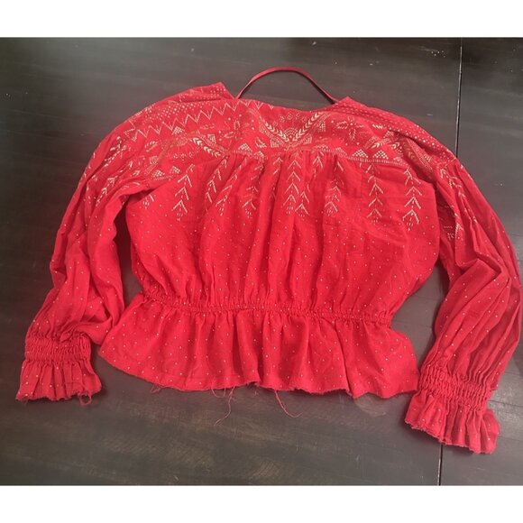 Free People Womens Shirt Counting Stars Peasant Top Sz Medium Red Gold Cotton - Picture 6 of 6